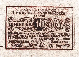 Albanian notgeld 10 Qindtár, 1920 obverse