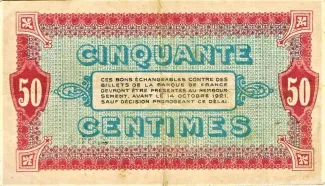 French notgeld 50 Centimes, 1916-1917 P-86 reverse