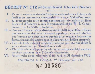 Andorra 1 Pesseta 1st, 1936 reverse