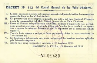 Andorra 5 Pessetes 1st, 1936 reverse