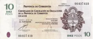 Argentine provinces 10 Pesos, 2001 obverse