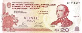Argentine provinces 20 Pesos, 2001 obverse