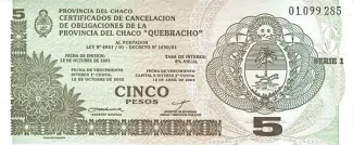 Argentine provinces 5 Pesos, 2001-2002 obverse