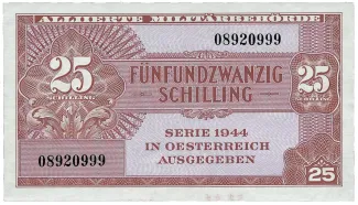 Austria 25 Schilling, 1945 P-108 - KK#213.a - without "X" near searial number obverse