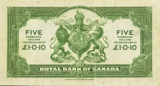 Barbados 5 Dollars, 1938 reverse