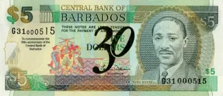 Barbados 5 Dollars, 2002 P-65 obverse