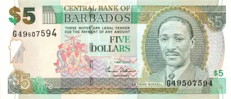 Barbados 5 Dollars, 2007-2012 obverse