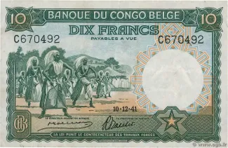 Belgian Congo 10 Francs, 1941-1942 obverse