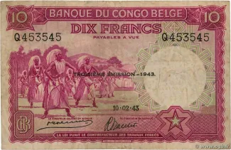 Belgian Congo 10 Francs, 1943 obverse