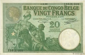 Belgian Congo 20 Francs, 1912-1937 obverse