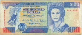 Belize 100 Dollars, 1990-1994 obverse