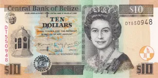 Belize 10 Dollars, 1997-2020 obverse