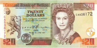 Belize 20 Dollars, 1997-2022 obverse