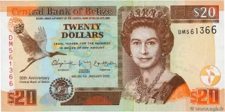 Belize 20 Dollars, 2012 P-72 obverse