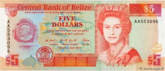 Belize 5 Dollars, 1990-1991 obverse
