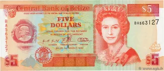 Belize 5 Dollars, 1996 obverse
