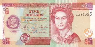 Belize 5 Dollars, 1999-2022 obverse