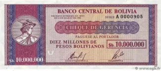 Bolivia 10,000,000 Pesos, 1985 P-192 obverse
