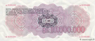 Bolivia 10,000,000 Pesos, 1985 P-192 reverse