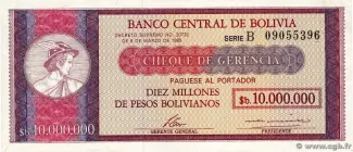 Bolivia 10,000,000 Pesos, 1985 P-192 obverse