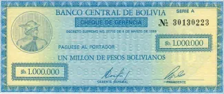 Bolivia 1,000,000 Pesos, 1985 P-190 obverse