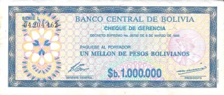 Bolivia 1,000,000 Pesos, 1985 P-192 obverse