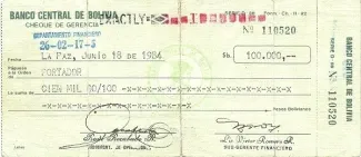 Bolivia 100,000 Pesos, 1984 P-180 obverse