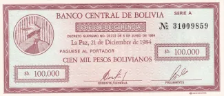 Bolivia 100,000 Pesos, 1984 P-188 obverse