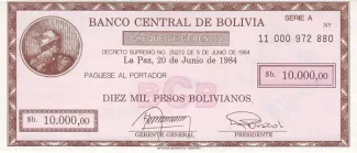 Bolivia 10,000 Pesos, 1984 P-183 obverse