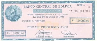 Bolivia 10,000 Pesos, 1984 P-186 obverse