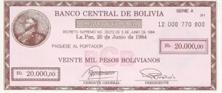 Bolivia 20,000 Pesos, 1984 P-184 obverse