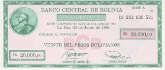 Bolivia 20,000 Pesos, 1984 P-187 obverse