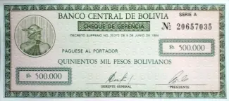Bolivia 500,000 Pesos, 1984 P-189 obverse