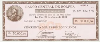 Bolivia 50,000 Pesos, 1984 P-185 obverse