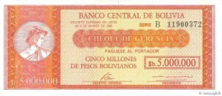 Bolivia 5 Bolivianos, 1987 P-200 obverse