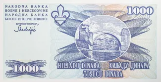 Bosnia and Herzegovina 1,000 Dinara, 1992 P-47 reverse
