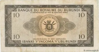 Burundi 10 Francs, 1964-1965 reverse