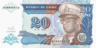 Zaire 20 Nouveaux Zaïres, 1993 obverse
