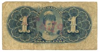 Cuba 1 Peso, 1896 - P# 47b - Red overprint: PLATA across face. reverse