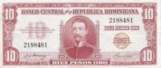 Dominican Republic 10 Pesos, 1962-1963 obverse
