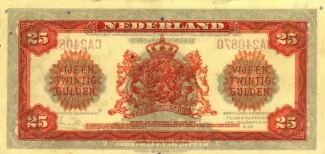 Dutch Caribbean 25 Gulden - Wilhelmina "facing left", 1943 reverse
