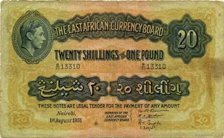 East Africa 20 Shillings, 1952 image