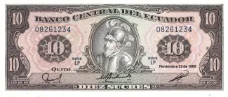 Ecuador 10 Sucres, 1986-1988 obverse
