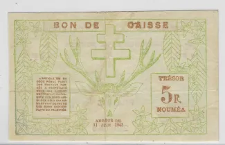 New Caledonia 5 Francs, 1943 reverse