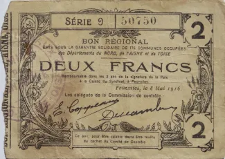 French notgeld 2 Francs, 1916-1917 obverse