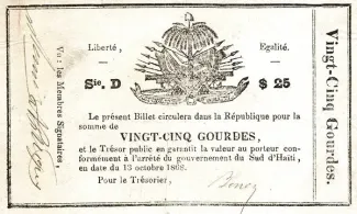 Haiti 25 Gourdes, 1868 obverse