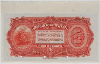 Haiti 5 Gourdes, 1920-1924 reverse