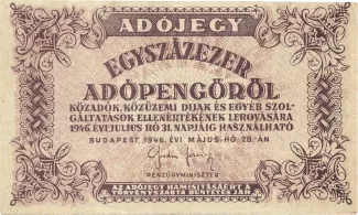 Hungary 100.000 Adopengo, 1946 obverse