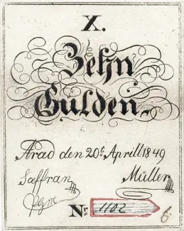 Hungarian notgeld 10 Gulden, 1849 obverse