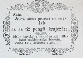 Hungarian notgeld 10 Kreuzer, 1849 obverse